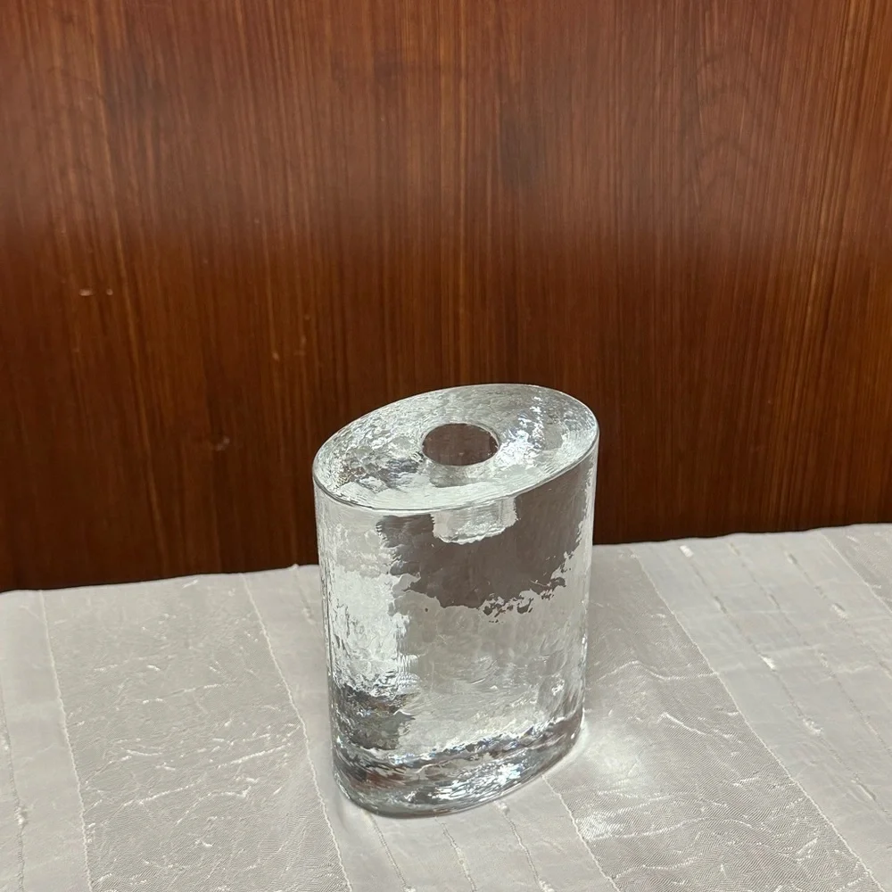 Crate & Barrel Large Ice texture Glass paperweight taper candle holder
